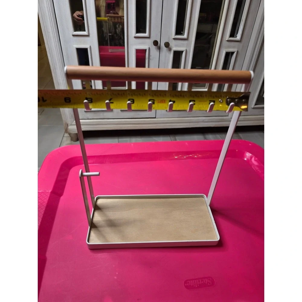 Modern White Metal and Wood Jewelry Stand Organizer‎ with 8 Hooks and Tray